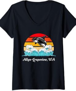 Womens Vintage Port Angeles WA Distressed Orca Killer Whale Art V-Neck T-Shirt