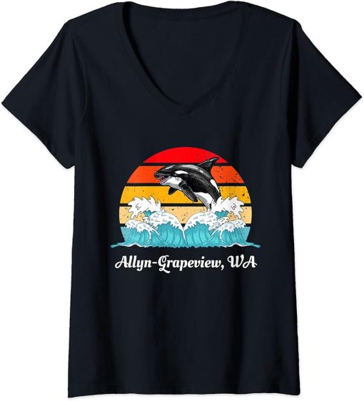 Womens Vintage Port Angeles WA Distressed Orca Killer Whale Art V-Neck T-Shirt