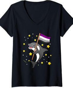 Womens Asexual Orca Asexual Pride Flag V-Neck T-Shirt