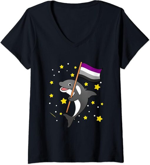 Womens Asexual Orca Asexual Pride Flag V-Neck T-Shirt