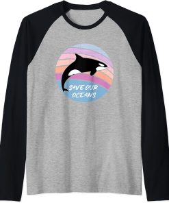 Save Our Oceans Orca Killer Whale Art Retro Style Climate Raglan Baseball Tee