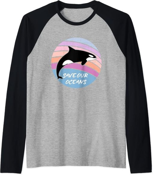 Save Our Oceans Orca Killer Whale Art Retro Style Climate Raglan Baseball Tee