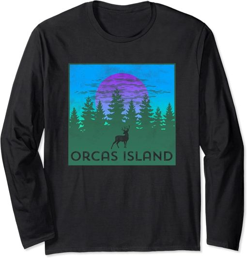 Orcas Island, San Juan Islands Deer Trees Colorful Graphic Long Sleeve T-Shirt